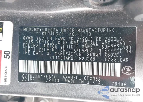 2020 Toyota Camry Le Hybrid z USA, uszkodzony, nr VIN 4T1C31AK0LU523389